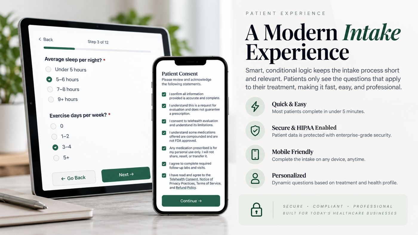 Step-by-step patient intake on a tablet and a patient consent screen on a phone