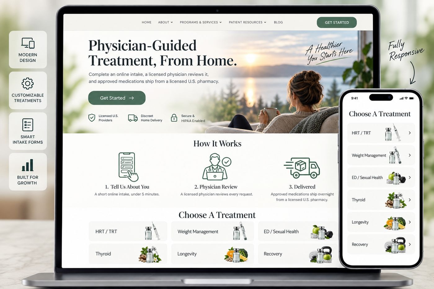Telehealth platform development: branded telehealth website on a laptop and phone, showing a physician-guided treatment homepage and treatment categories