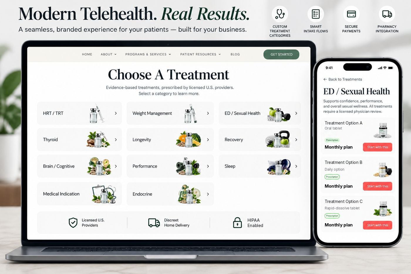 Telehealth platform development example: treatment catalog organized by category, shown on laptop and phone